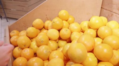 Kız süpermarketten portakal seçiyor. Portakallar kapanıyor