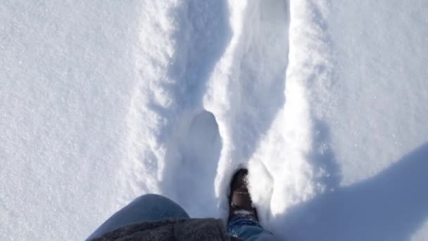 Ruch stóp w śniegu. człowiek spacerujący w widoku góry śniegu — Wideo stockowe