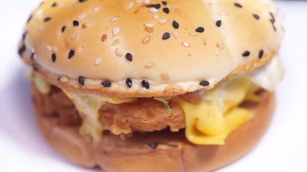 Deliziosa rotazione hamburger da vicino — Video Stock