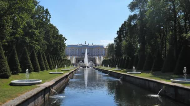 Blick auf den Kanal und die Springbrunnen. Blick auf den Peterhof-Park — Stockvideo