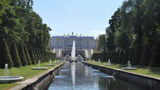 Utsikt över kanalen och fontänerna. Panoramautsikt över Peterhofparken — Stockvideo