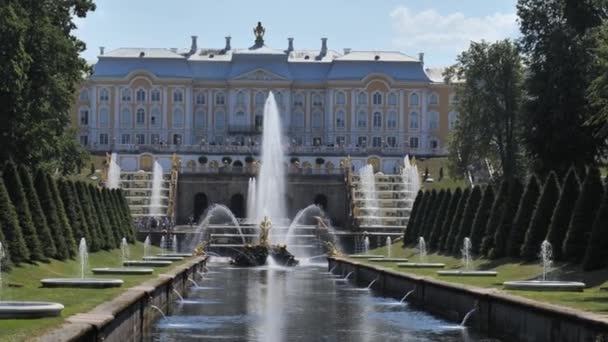 Peterhof vagyok. Oroszország. Szentpétervár 2021. július. Kilátás a csatornára és a szökőkutakra. Kilátás a Peterhof parkra — Stock videók