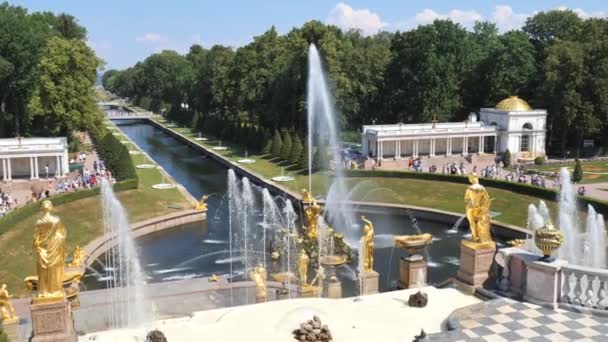 SAN PETERSBURGO, RUSIA JUNIO 2021: La gente admira las fuentes reales en Peterhof — Vídeos de Stock