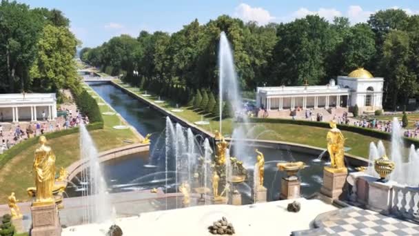 SAINT-PETERSBURG, RUSSLAND JUNI 2021: Menschen bewundern die königlichen Brunnen in Peterhof — Stockvideo