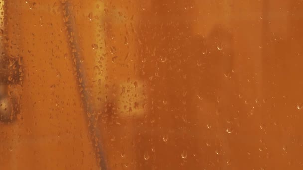 Cabina de ducha. gotas de agua en una puerta de ducha empañada — Vídeos de Stock