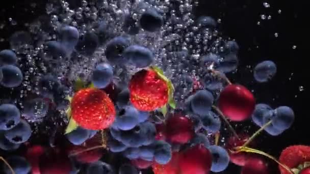 Jagody wpadają do wody powoli. truskawki jagody super powolne mo — Wideo stockowe