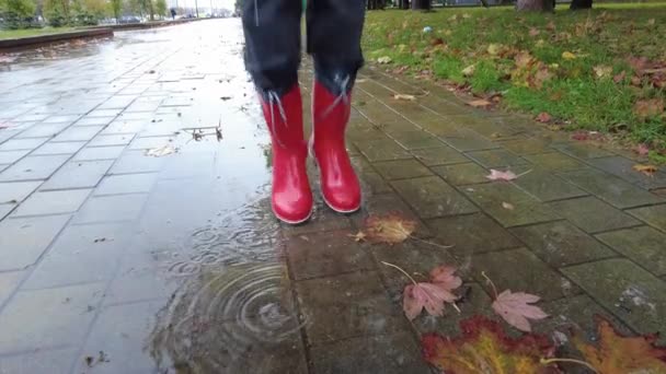 Rote Stiefel sind große Schritte in die Pfütze. Nahaufnahme von Zeitlupe. Herbstpfützen — Stockvideo