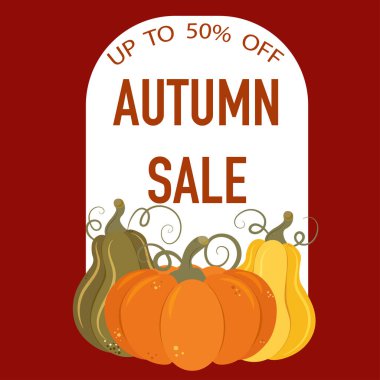   Flat vector illustration of autumn sale banner with colorful pumpkins and discount text Up to 50% Off. Seasonal promotion design for fall sales, Thanksgiving, Halloween, and harvest advertising.