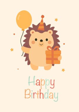   Cute vector illustration of a hedgehog in a party hat holding a balloon and gift box. Happy Birthday greeting card design for kids, children party, celebration, and festive decoration.