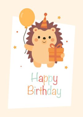   Cute vector illustration of a hedgehog in a party hat holding a balloon and gift box. Happy Birthday greeting card design for kids, children party, celebration, and festive decoration.