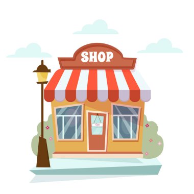   Çizgili tenteli havalı küçük bir dükkan binasının vektör çizimi. Perakende, alışveriş, küçük işletme, kentsel tasarım ve ticari proje temaları için mükemmel.