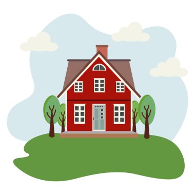   Beyaz pencereli, ağaçlı, yeşil çimenli ve mavi gökyüzlü düz kırmızı bir ev. İskandinav tarzında rahat bir kır evi..