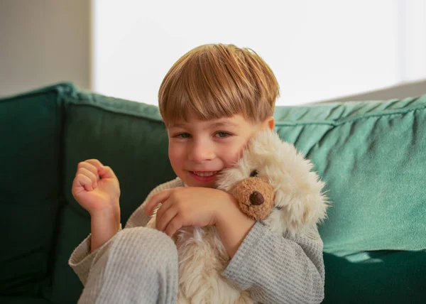 Sevimli bir çocuk kanepede oyuncak ayıya sarılıyor, rahat ev sahnesi, çocukluk mutluluğu, duygusal rahatlık, aile yaşam tarzı, ev portresi, bebek, oyun zamanı, oyuncak ile bağ kurma.