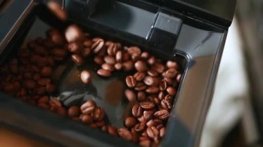 Kahve makinesine dökülen kahve çekirdekleri yakın plan kahve hazırlama, tazelik, aroma, barista rutini, ev yapımı ve kahve kültürü kavramı.