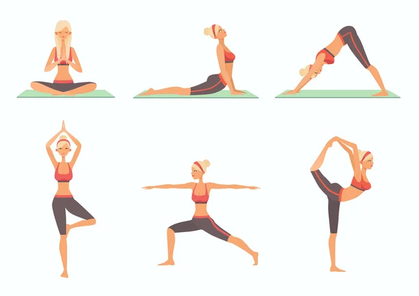 Conjunto de seis poses básicas de yoga — Vector de stock