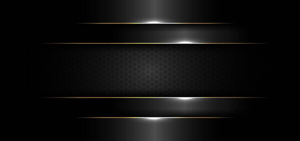 Дизайн абстрактного баннера соблазняет черной гаммой с золотой линией и световым эффектом на темном фоне и текстуре. Стиль роскоши. Векторная иллюстрация