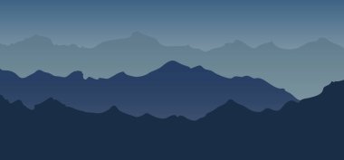 Dağ manzaralı mavi tonlu siluet arka plan. Vektör illüstrasyonu