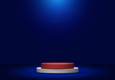 3D gerçekçi beyaz ve kırmızı yuvarlak şekil kaidesi mavi stüdyo odası arka planında spot ışığı. Ürün reklamları için sahne gösterisi. Vektör illüstrasyonu