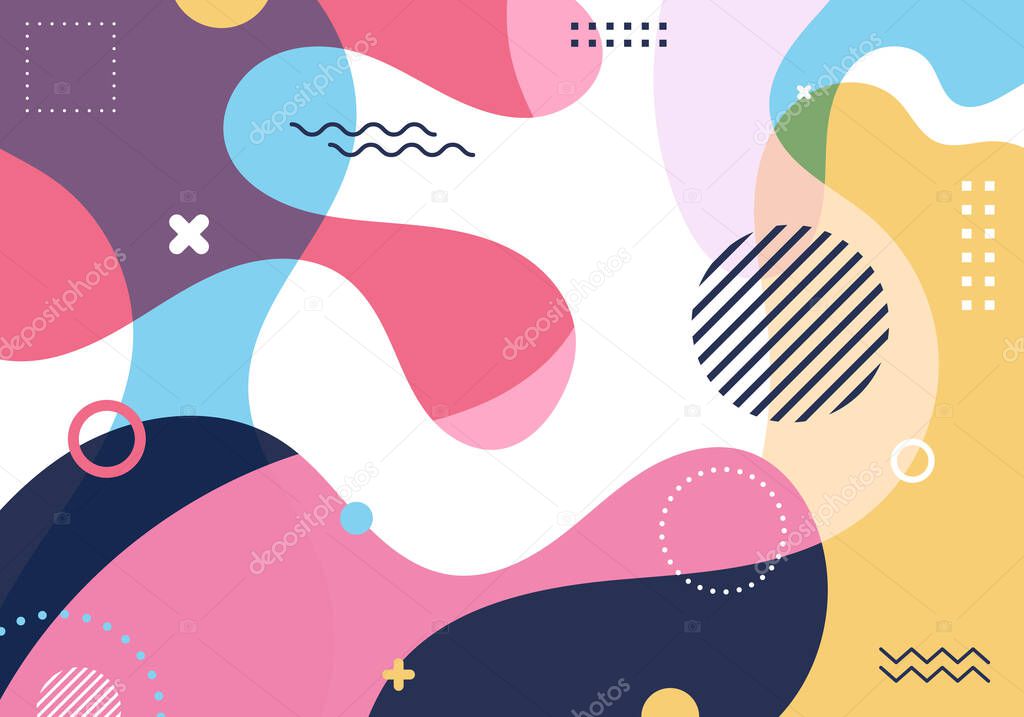 Abstract fluid shape colorful splash background with geometric shapes elements pattern in retro 80s-90s style. Vector illustration