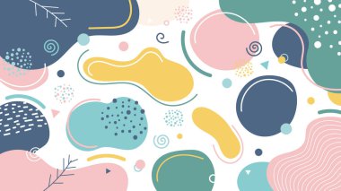 Beyaz yüzeye yayılmış pastel geometrik ve organik şekillere sahip soyut renkli arkaplan modern sanatsal tasarım ve dijital yaratıcılık için pembe sarı ve yeşil tonlarını harmanlıyor