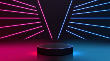 Neon pembe ve mavi ışıklarla aydınlatılan yansıtıcı bir yüzey üzerinde siyah silindirik podyum içeren fütüristik ürün sunum sahnesi, modern teknoloji gösterimleri veya modellemeleri için mükemmel.