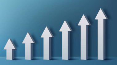 3D altı beyaz ok, iş gelişimini, ekonomik ilerlemeyi, şirket başarısını, finans pazarlamasını veya veri konseptini temsil eden koyu deniz mavisi arkaplanına karşı bir bar grafiği gibi yukarı doğru yükseliyor.