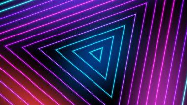 Neon soyut arka plan, modern yaratıcı tasarım için canlı bir dijital görüntü sunmak amacıyla oluşturulan, mavi ve mor renkli eş merkezli üçgenleri gösteriyor.