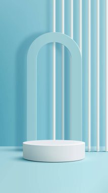 Beyaz podyum kozmetik veya soyut ürün sergilenen 3D modern minimalist sahne. Açık mavi kemerli arka plan ve dikey tüpler ürün reklamları için zarif sergi salonu