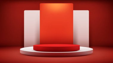 kırmızı ve beyaz 3D modern soyut geometrik sahne, beyaz tabanlı küçük kırmızı podyum. Moda, perakende ve teknoloji reklamları için boş minimal sergi arkaplanı canlı ve profesyonel ürün gösterisi