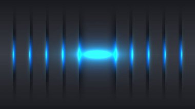 Modern dijital projeler ve teknolojik web siteleri için yüksek teknoloji sağlayan parlak koyu gri arka plan, dikey paneller ve merkezi mavi neon parıltısı