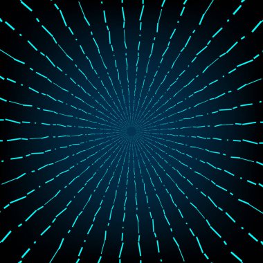 Soyut neon mavi güneş patlaması koyu arkaplan üzerinde kesik radyal çizgiler, fütürist teknoloji ve dijital enerji konsepti tasarımları
