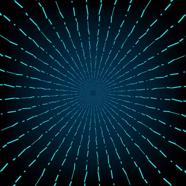 Soyut neon mavi güneş patlaması koyu arkaplan üzerinde kesik radyal çizgiler, fütürist teknoloji ve dijital enerji konsepti tasarımları