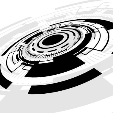 Bilimsel fi UI arayüzleri ve ileri teknoloji projeleri için tasarlanmış fütüristik siyah-beyaz dairesel HUD