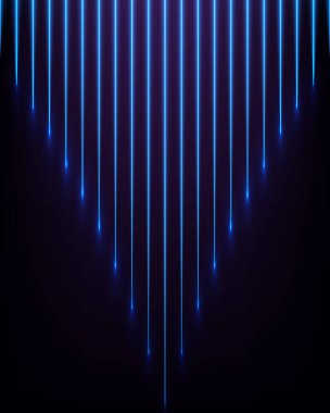 Soyut fütüristik dijital parlak mavi neon dikey çizgiler koyu arka planda keskin bir V şekli alır, modern teknoloji estetiği