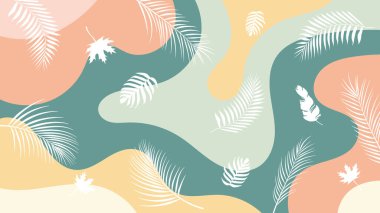 Soyut arka plan beyaz tropikal ve akçaağaç yaprağı siluetleri yumuşak pastel tonlarda organik şekiller, minimalist doğa estetik mevsim