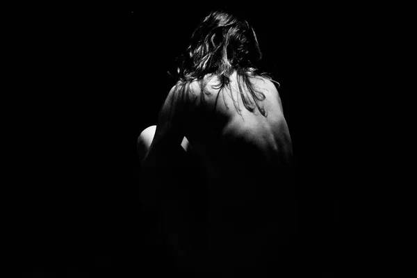 Rear View Naked Woman Sitting Shadows — Stock Photo, Image
