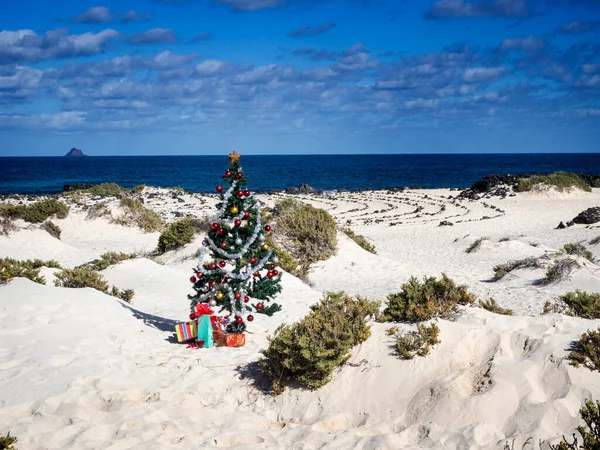 Árvore Natal Com Presentes Natal Praia Ilhas Canárias Espanha — Fotografia de Stock