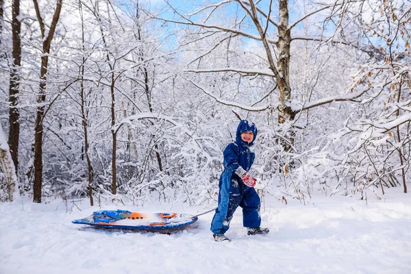 Junge Zieht Schlitten Durch Den Schnee Usa — Stockfoto