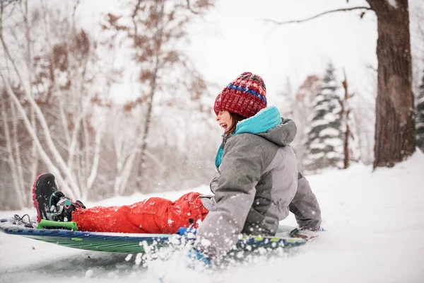 Happy Girl Sledging Snow Wisconsin Usa — Stock Photo, Image