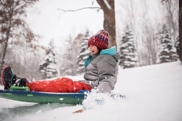 雪の中で幸せな女の子のそり ウィスコンシン州 アメリカ — ストック写真