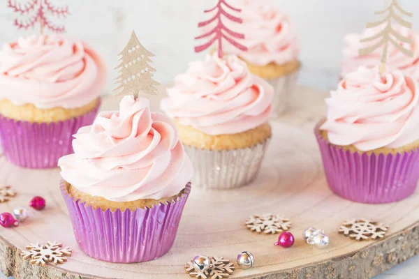 Cupcake Con Glassa Burro Decorati Con Alberi Natale — Foto Stock