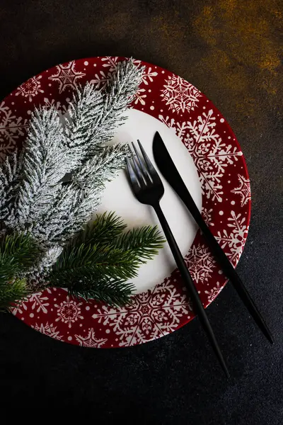 Christmas Table Setting Holiday Decor Rustic Table Copy Space — Stock Photo, Image