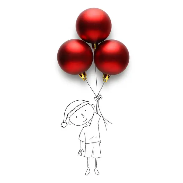 Conceptual Boy Santa Hat Holding Bunch Balloons — Stock Photo, Image