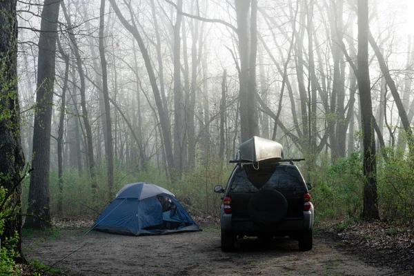 Abgestelltes Auto Neben Einem Zelt Wald Fort Custer State Recreational — Stockfoto