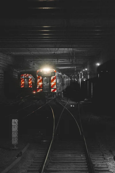 在高架轨道上的两列火车 芝加哥 伊利诺伊州 — 图库照片