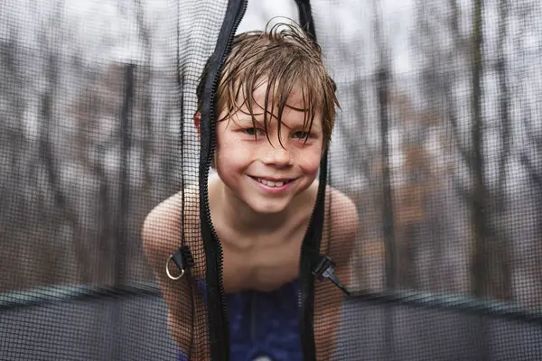 Portrait Child Wet Happy Playing Trampoline Rain — Stock Photo, Image