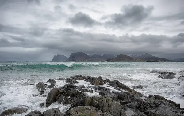 Windy Day Sandnes Beach Flakstad Lofoten Nordland Norway — Stockfoto