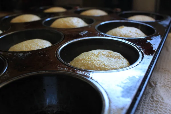 Frisch Gebackene Mais Muffins Einem Muffinblech — Stockfoto