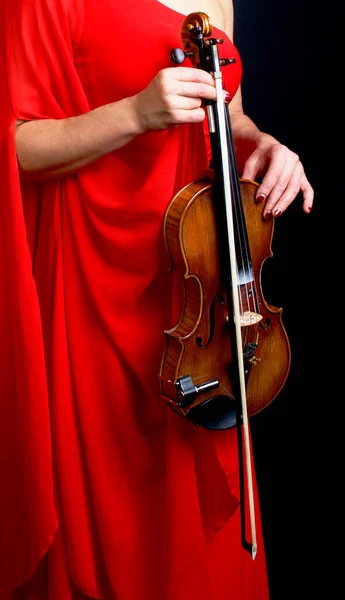 Donna Abito Rosso Con Mano Violino — Foto Stock