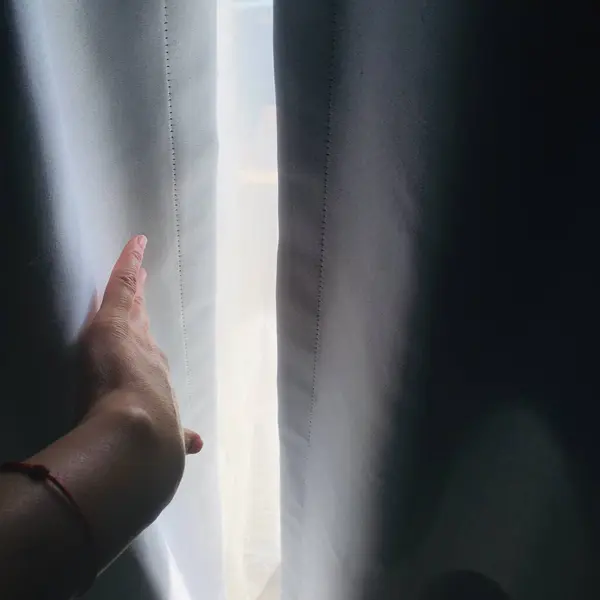 Woman Hand Moving Curtain Away Window — Stock Photo, Image
